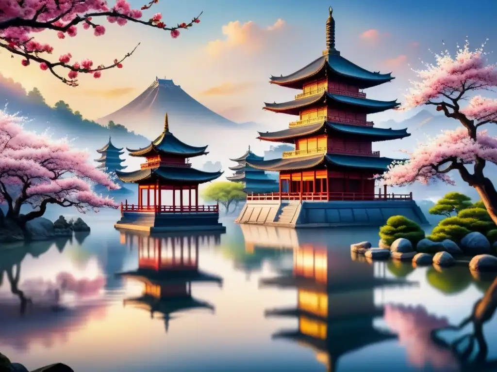 Pintura acuarela detallada de paisaje asiático con árboles de cerezo en flor, lago sereno y pagoda majestuosa