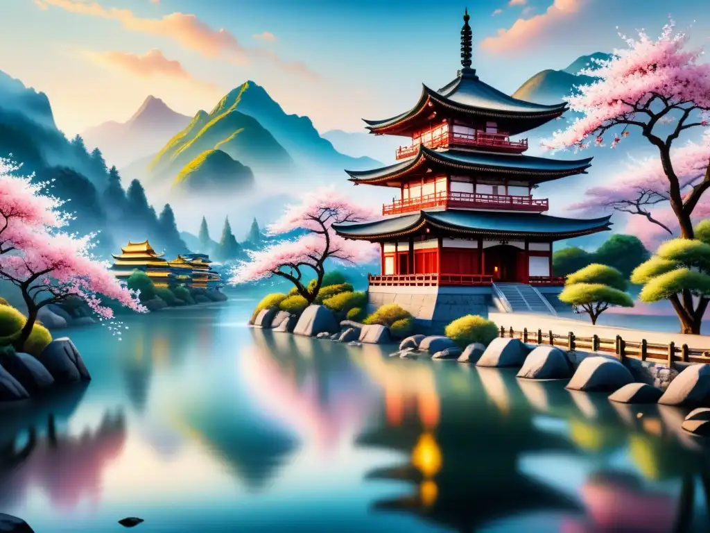 Pintura acuarela detallada de paisaje asiático sereno con árboles de cerezo en flor, río tranquilo, pagoda y montañas