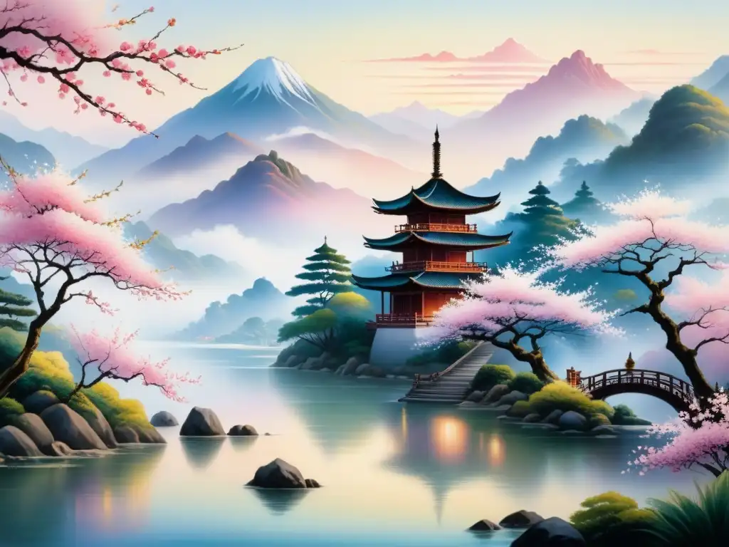 Pintura detallada de paisaje asiático sereno al amanecer con montañas, río, bosque, sakuras en flor y pagoda