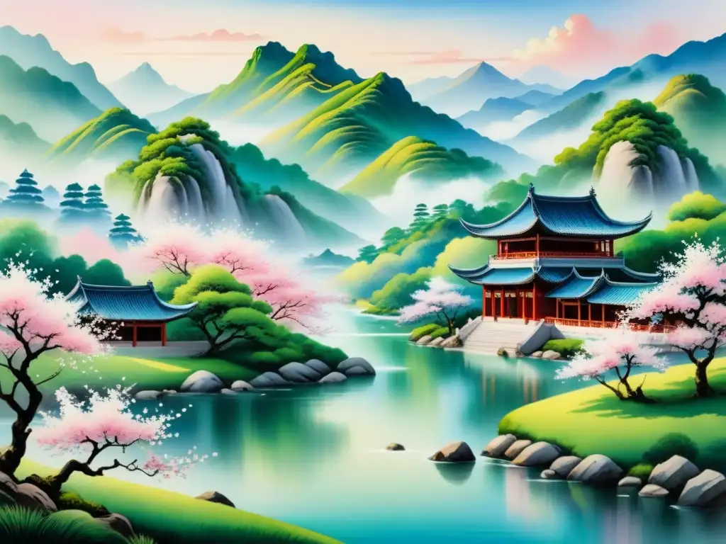 Pintura acuarela detallada de paisaje chino sereno con montañas verdes, río y árbol de cerezo en flor