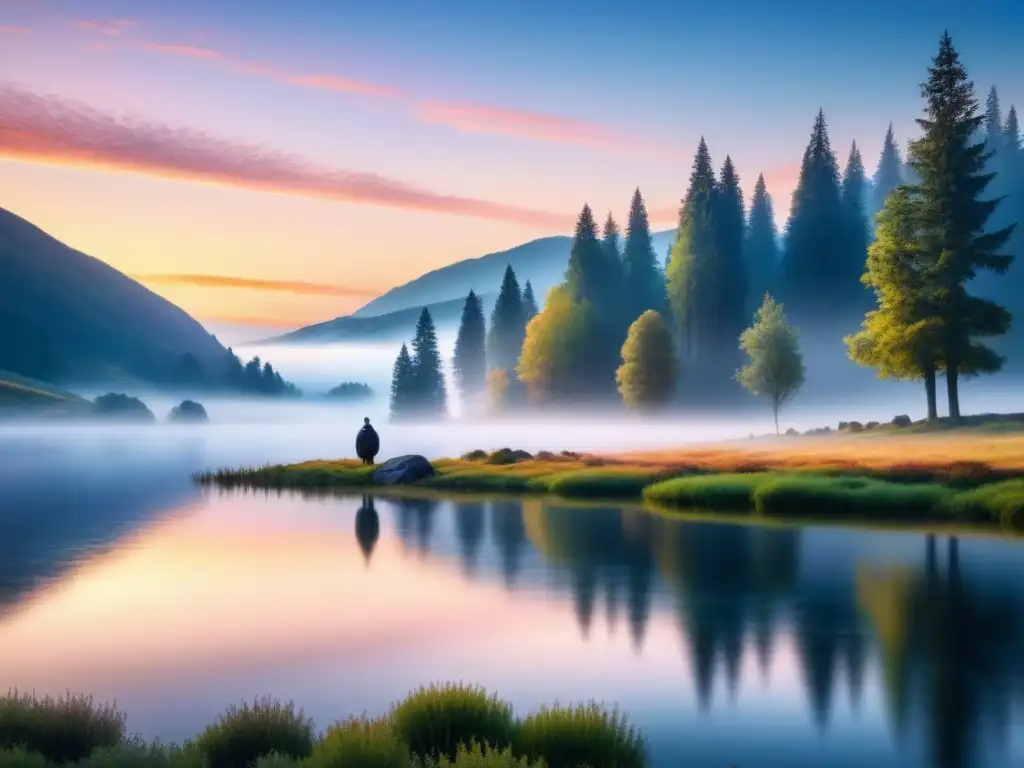 Pintura acuarela detallada de un paisaje etéreo con colinas, árboles altos y un lago sereno reflejando tonos suaves de un cielo al atardecer