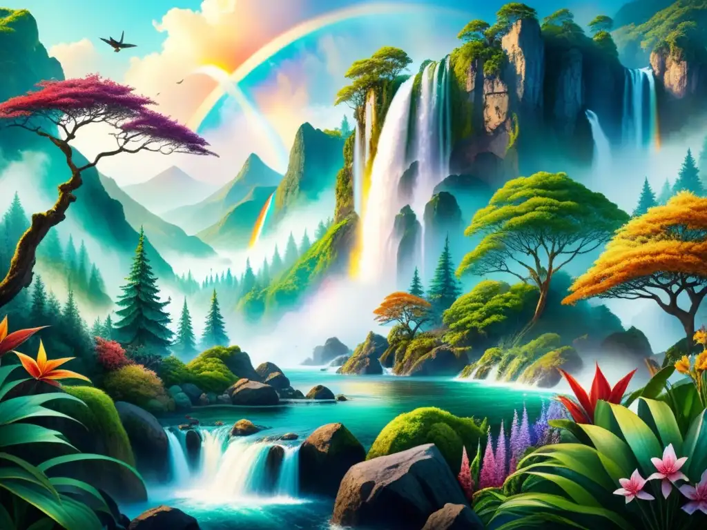 Pintura acuarela detallada de un paisaje fantástico vibrante y caprichoso, con cascada rodeada de exuberante flora y fauna