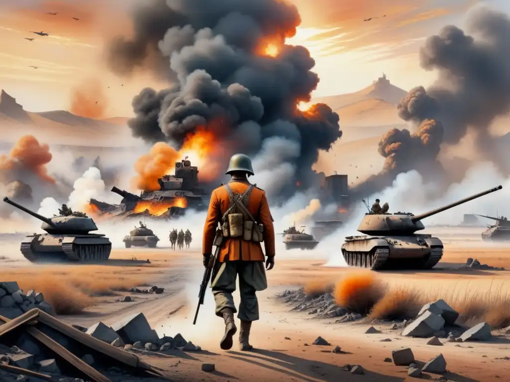 Pintura detallada de un paisaje de guerra, con restos de tanques destruidos, armas dispersas y humo en el horizonte