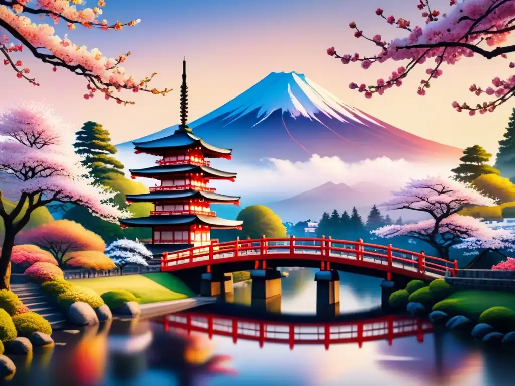 Pintura detallada de paisaje japonés con Monte Fuji, árboles de cerezo en flor y pagoda, reflejando el sol poniente