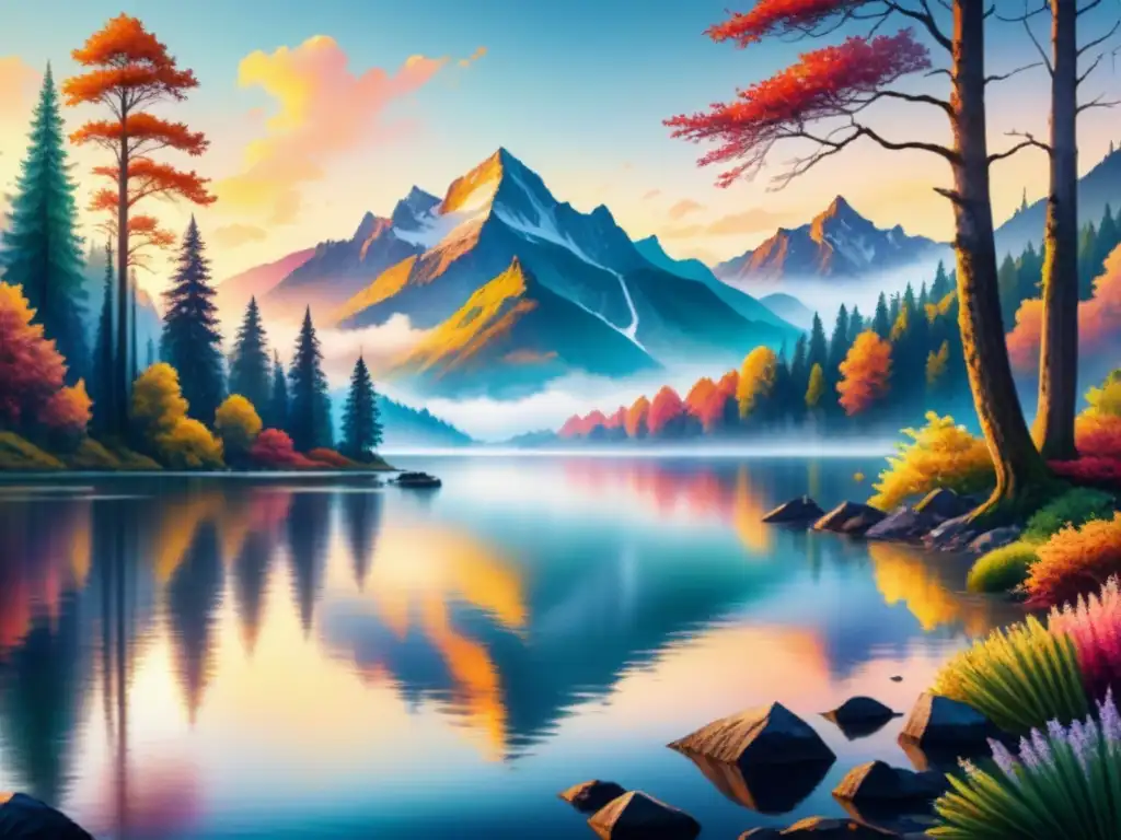 Pintura detallada con paisaje majestuoso de montañas, lago sereno y bosque exuberante