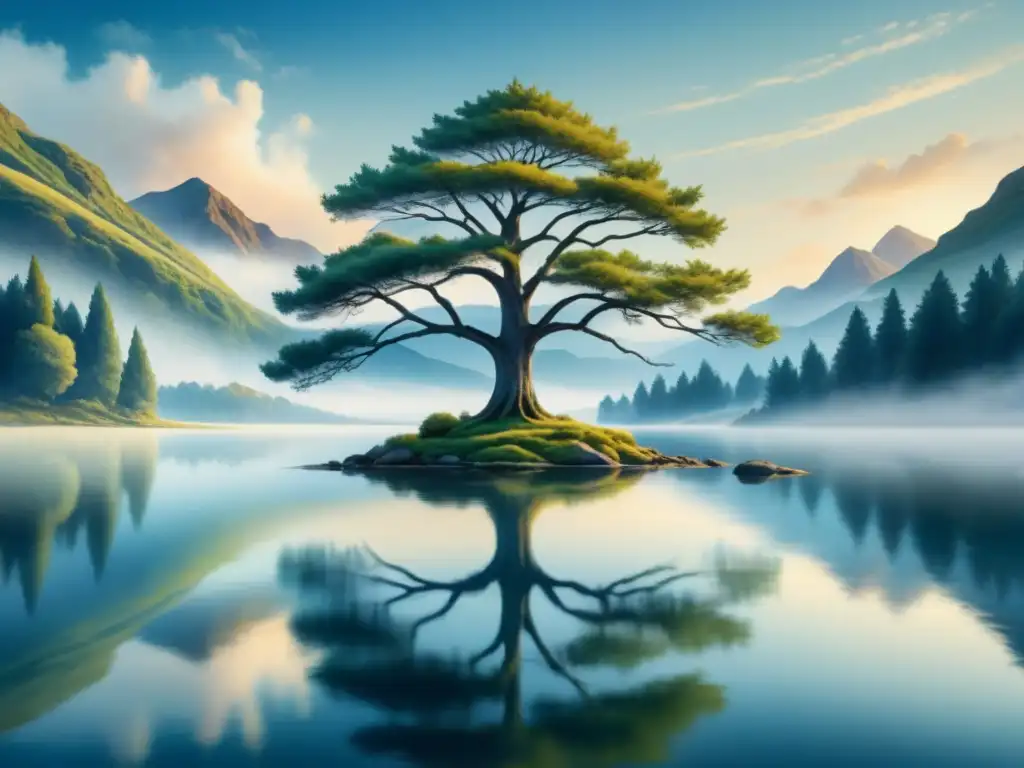 Pintura acuarela detallada de paisaje minimalista con árbol simétrico en un lago calmado, reflejando el cielo azul