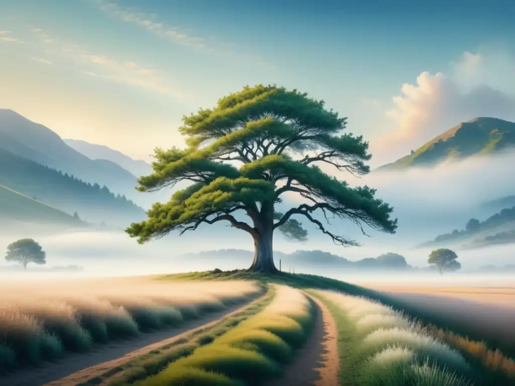 Pintura acuarela detallada de paisaje minimalista con árbol solitario en campo vasto