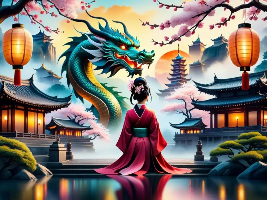 Paisaje místico: Dragón, geisha y sakura en acuarela Pintura acuarela detallada de paisaje místico con dragón, geisha y elementos surrealistas asiáticos