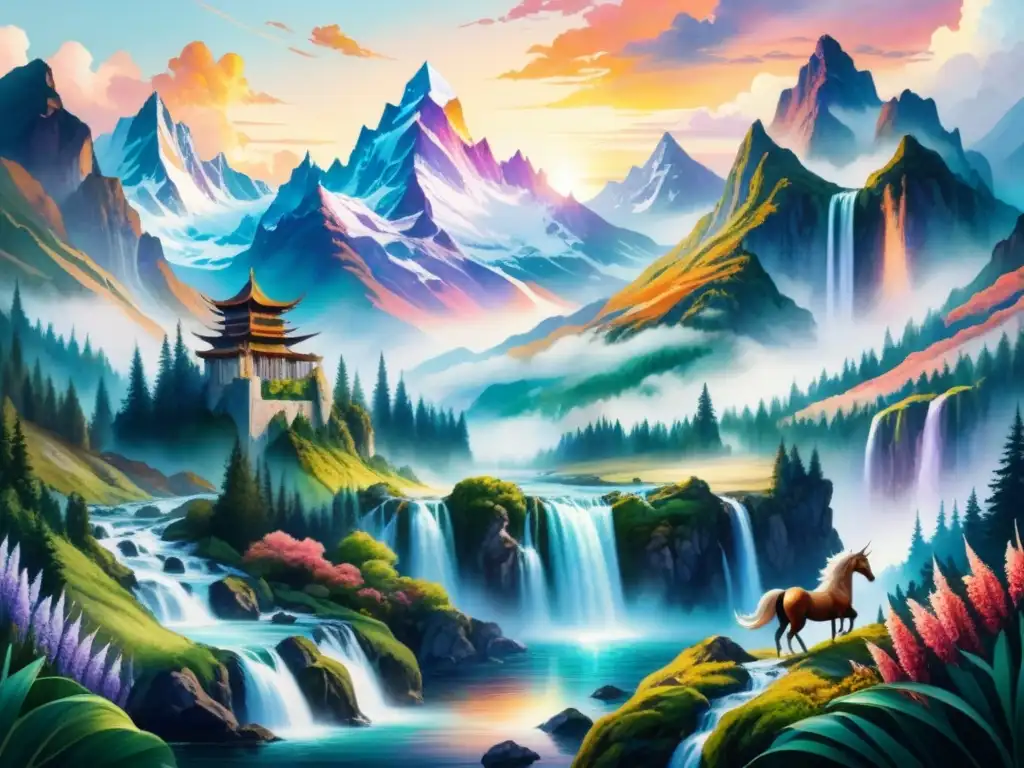 Una pintura detallada de un paisaje mítico con montañas de cristal, cascadas y seres mágicos