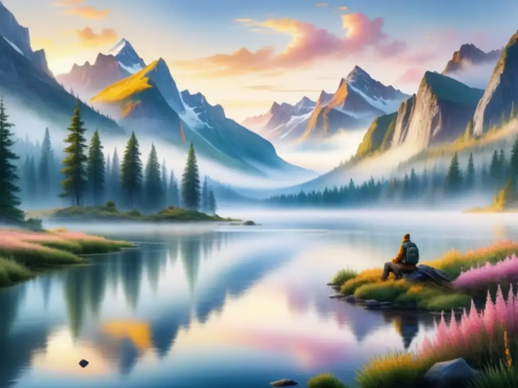 Pintura acuarela detallada en 8k de un paisaje norteamericano al amanecer, con montañas majestuosas y lago tranquilo