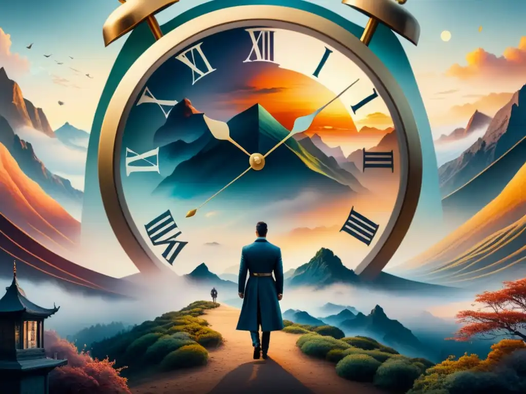 Pintura acuarela detallada de un paisaje onírico donde un reloj se derrite sobre un rostro distorsionado, simbolizando el paso del tiempo y la fluidez de la realidad en una interpretación surrealista