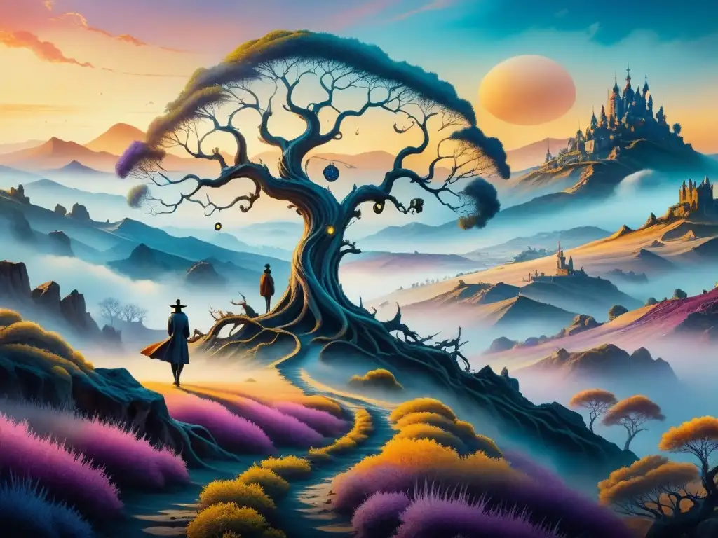 Pintura acuarela detallada con paisaje onírico y técnicas de arte visual avanzadas