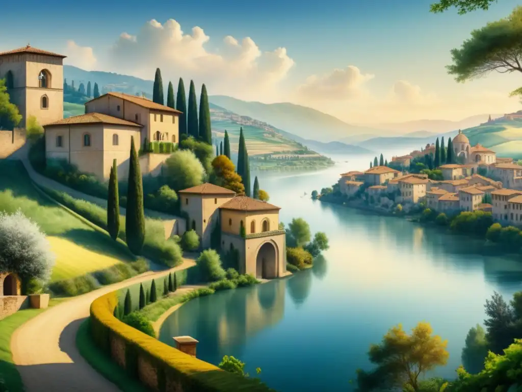 Paisaje renacentista italiano: detalle acuarela Pintura acuarela detallada de paisaje renacentista italiano