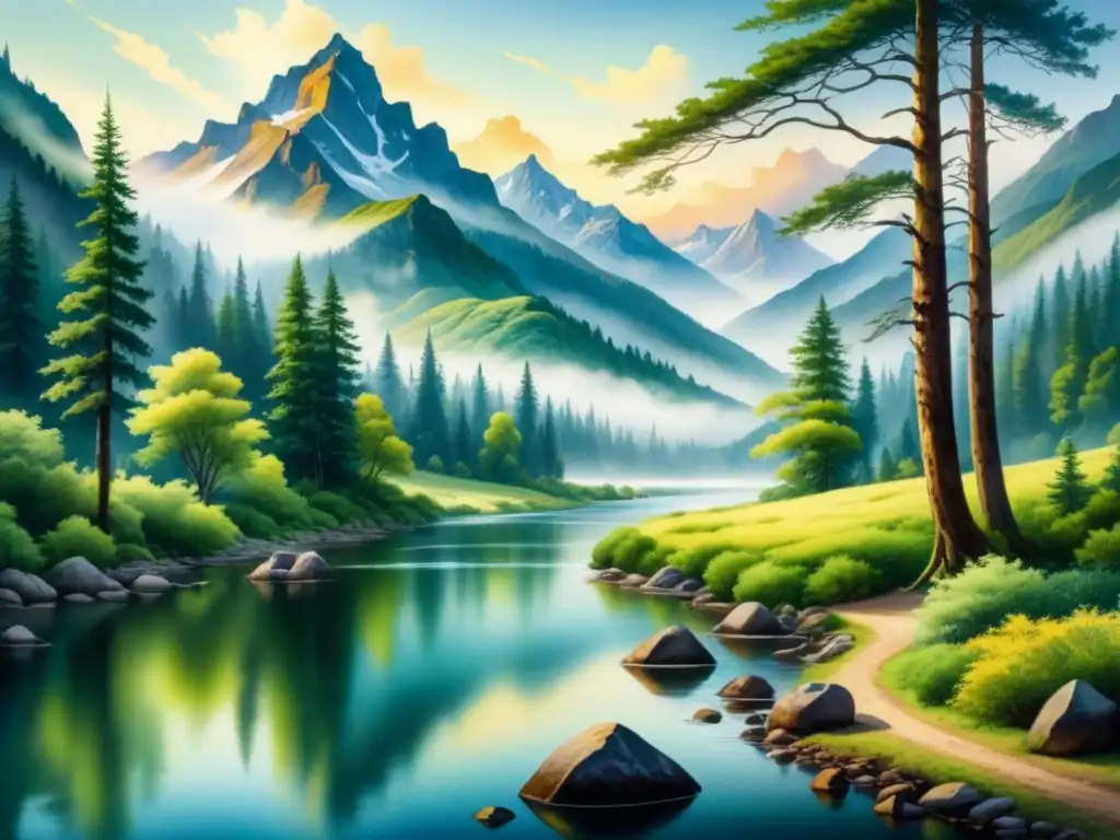 Pintura detallada muestra paisaje sereno con bosque, río y montañas