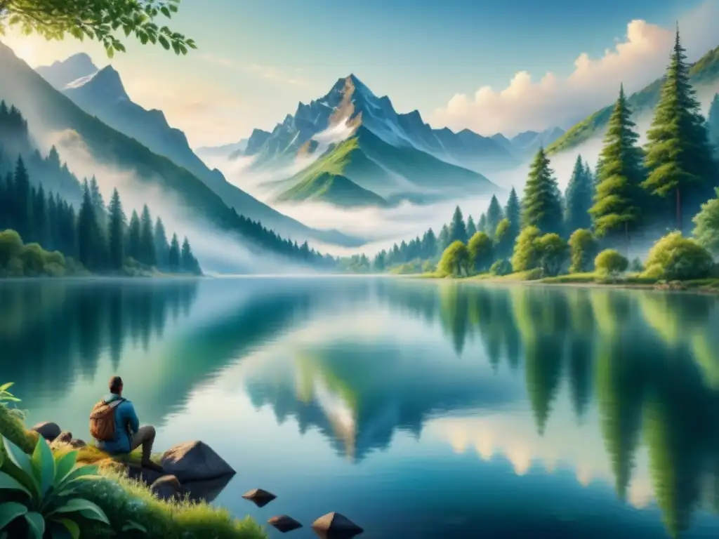 Pintura acuarela detallada de paisaje sereno con montañas majestuosas, lago tranquilo y exuberante bosque