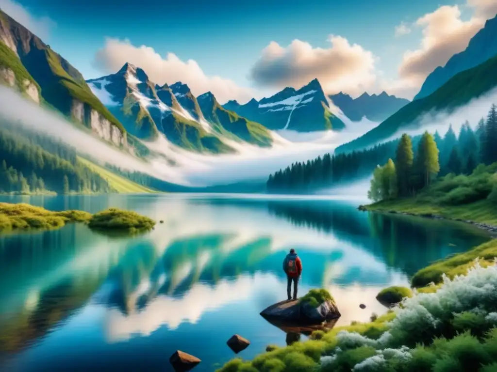 Pintura detallada de un paisaje sereno con bosques verdes, lago cristalino y montañas nevadas