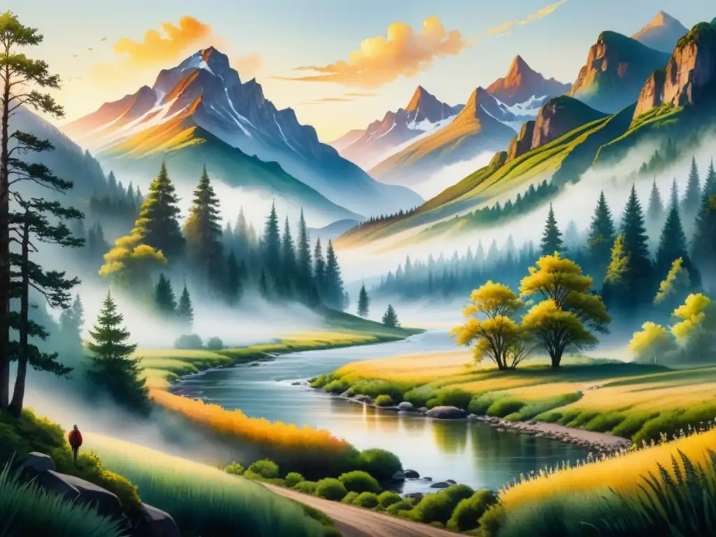 Pintura acuarela detallada: paisaje sereno al atardecer