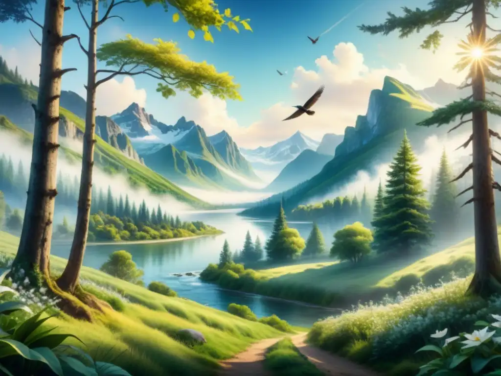 Pintura detallada de un paisaje sereno con bosque verde, río y montañas nevadas