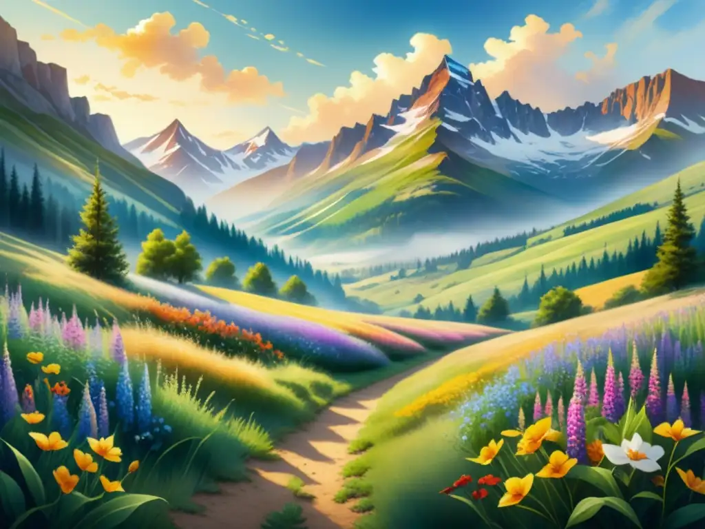 Pintura acuarela detallada de paisaje sereno con pradera verde y montañas nevadas, técnicas pincelada lienzo arte visual