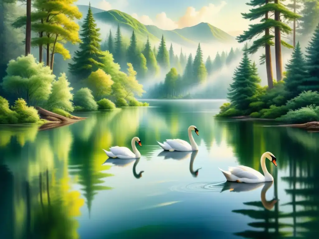 Pintura detallada de un paisaje sereno con un bosque verde reflejado en un lago cristalino