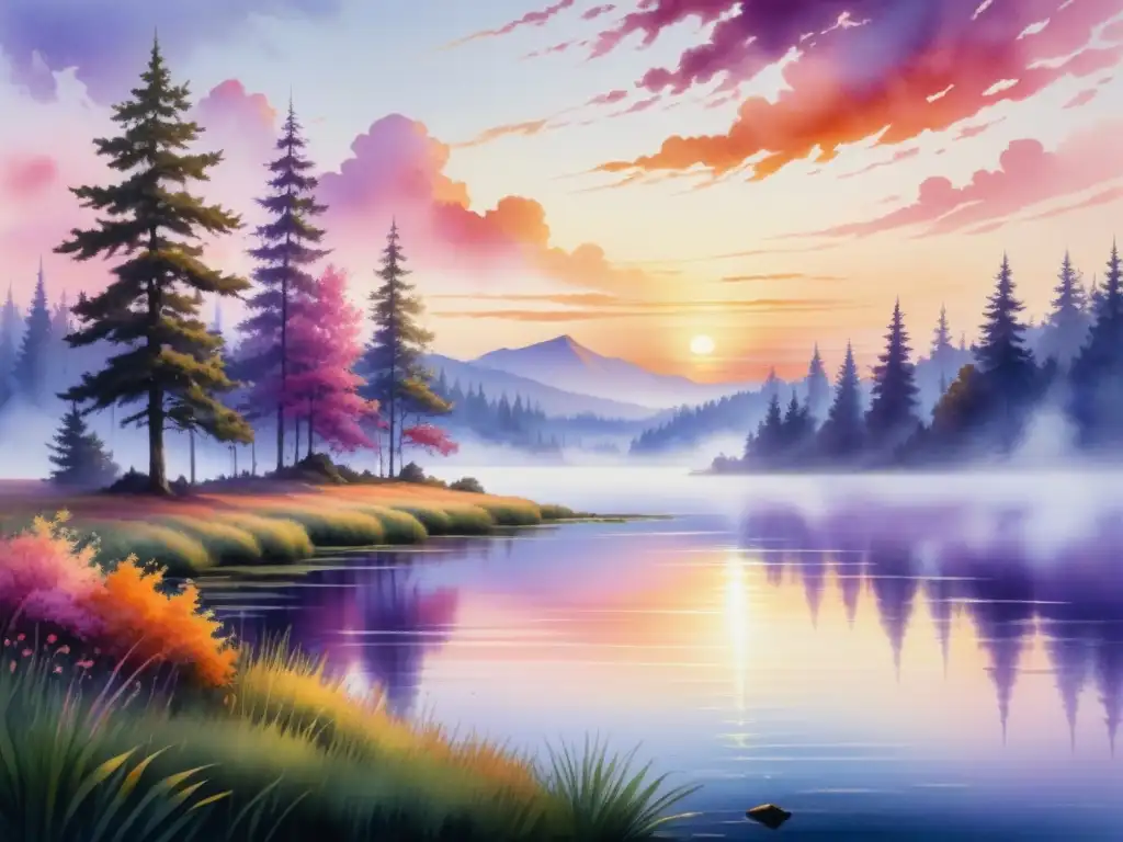 Pintura detallada muestra paisaje sereno al atardecer con colores vibrantes en el cielo y reflejados en un lago calmado