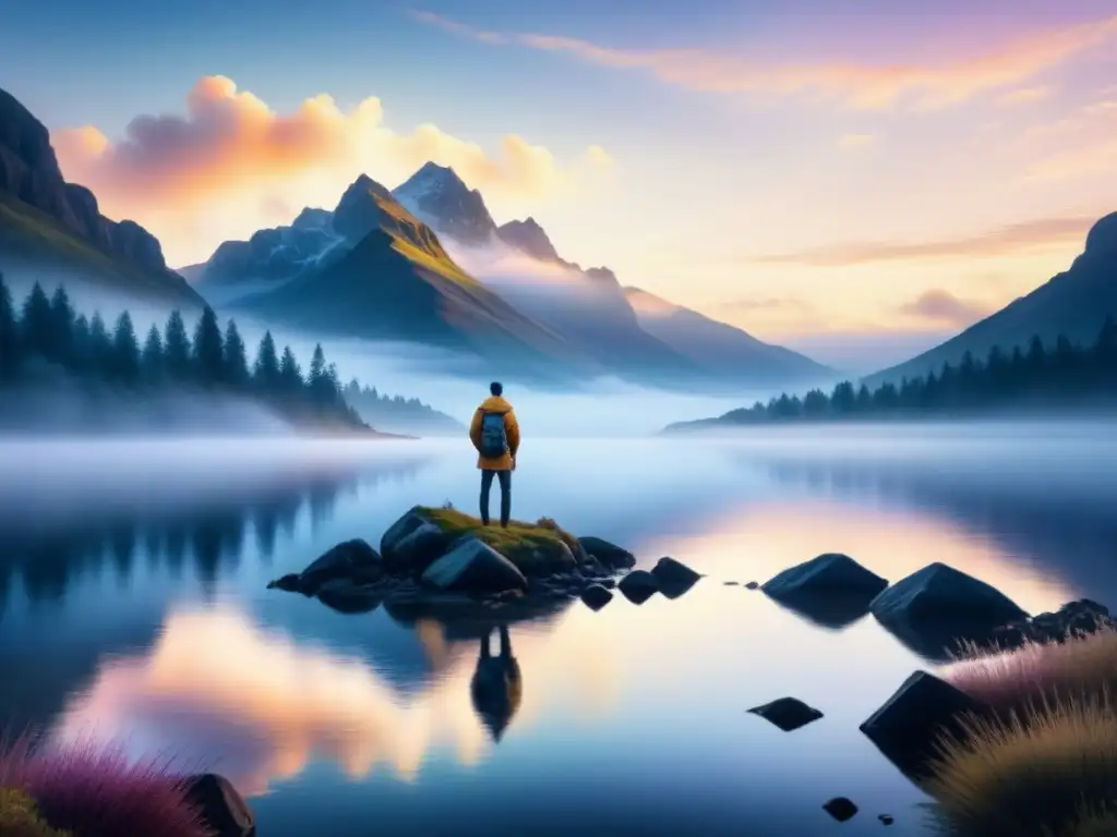 Pintura acuarela detallada de paisaje sereno al amanecer, con lago tranquilo reflejando colores pastel del cielo y figura contemplativa en la orilla