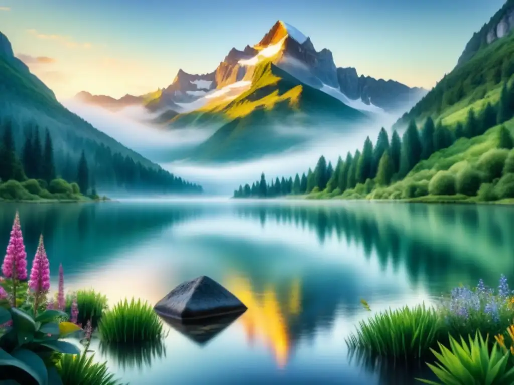 Pintura acuarela detallada de paisaje sereno al amanecer con tonos pastel y montañas majestuosas, reflejados en lago cristalino