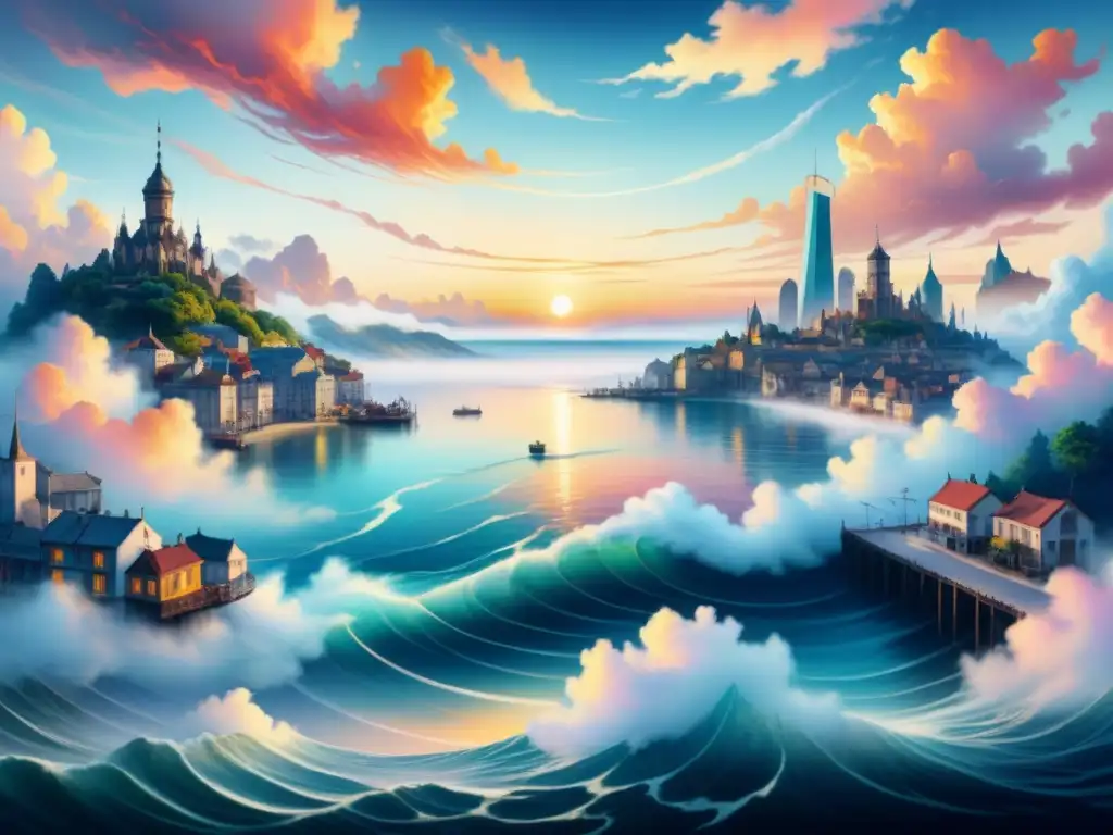 Una pintura acuarela detallada de paisaje surrealista donde se difuminan cielo y mar, creando ilusión óptica de ciudad flotante reflejada en ondas