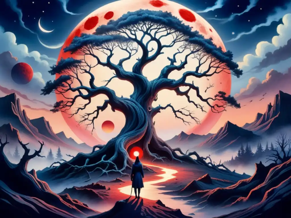 Pintura acuarela detallada de un paisaje surrealista y oscuro con árbol retorcido y luna roja