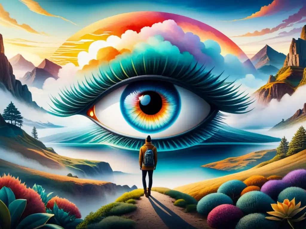 Pintura acuarela detallada de paisaje surrealista con formas geométricas flotantes en colores vibrantes y un gran ojo en el centro, simbolizando la exploración del arte contemporáneo