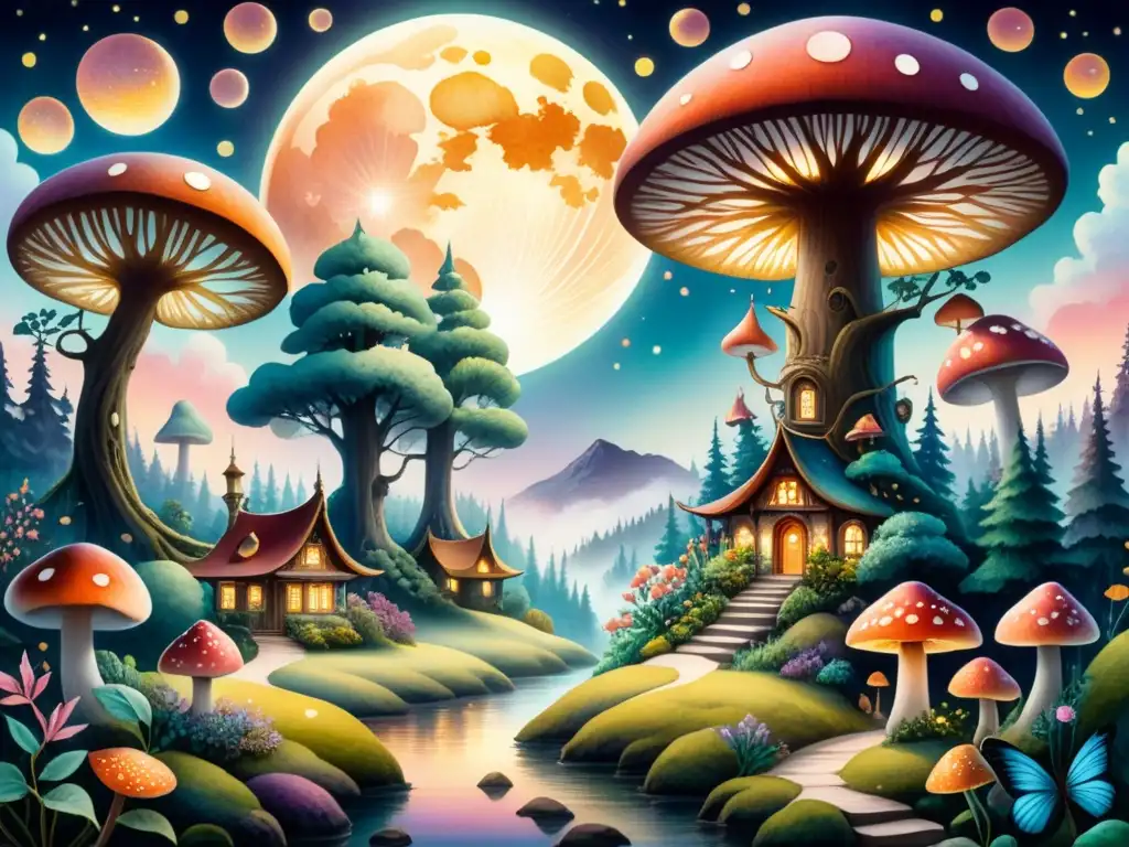 Pintura acuarela detallada de paisaje surrealista con luna gigante, árboles retorcidos, setas brillantes y aldeita peculiar