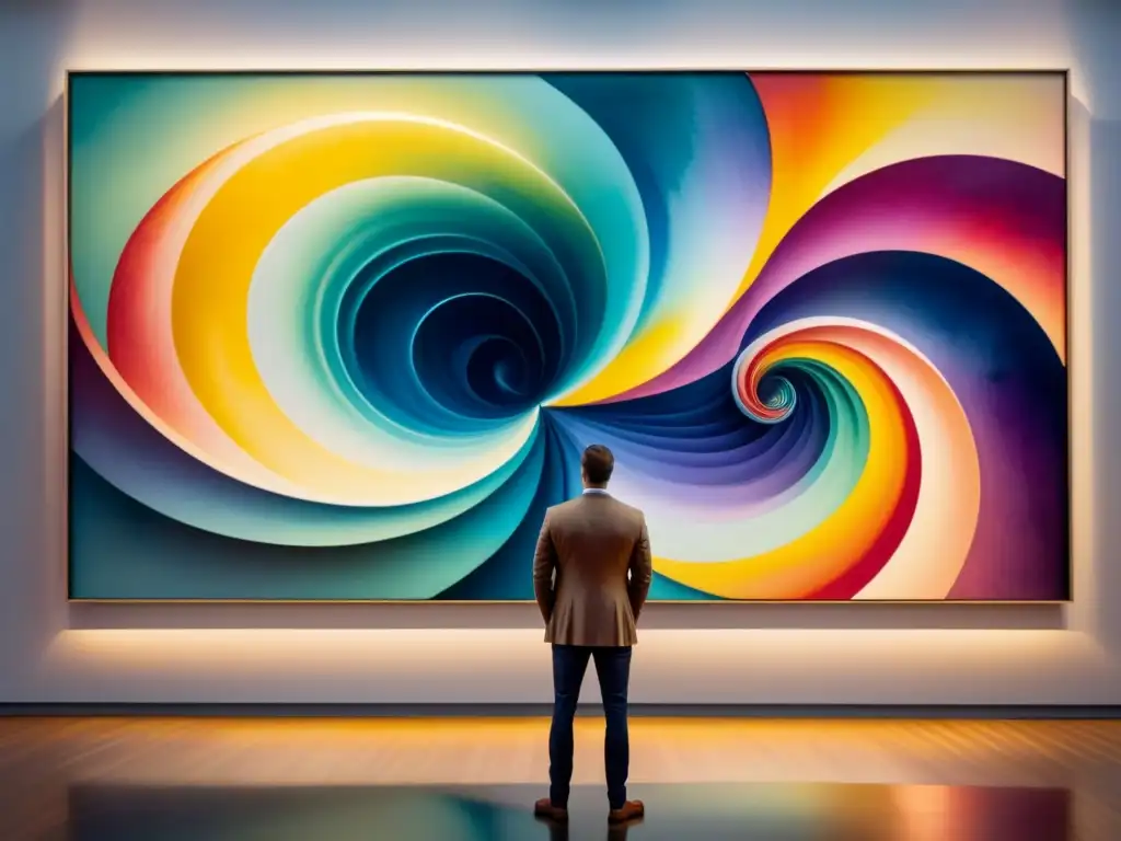 Una pintura acuarela detallada de una persona en una galería, admirando una obra abstracta vibrante