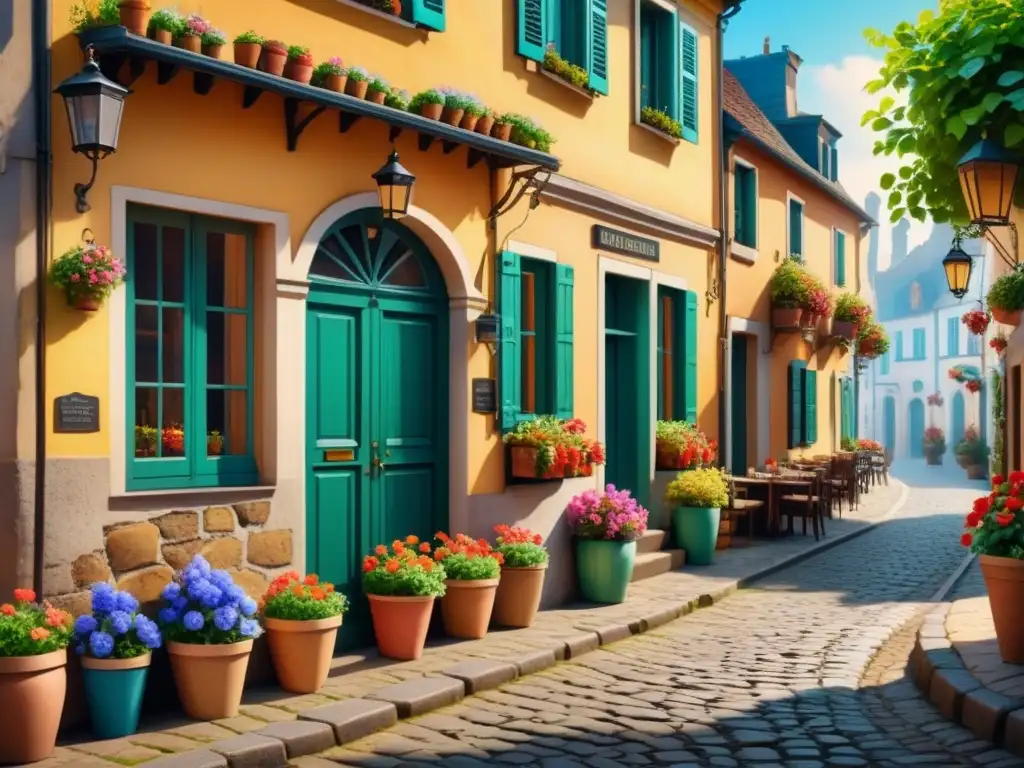 Pintura detallada de una pintoresca calle empedrada en un encantador pueblo europeo, con macetas coloridas y un café lleno de flores