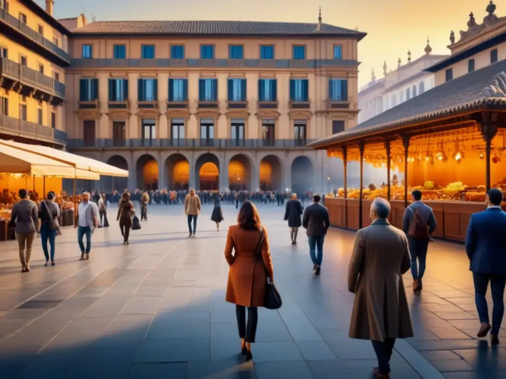 Pintura detallada de una plaza en España al atardecer, con el Museo del Prado de fondo