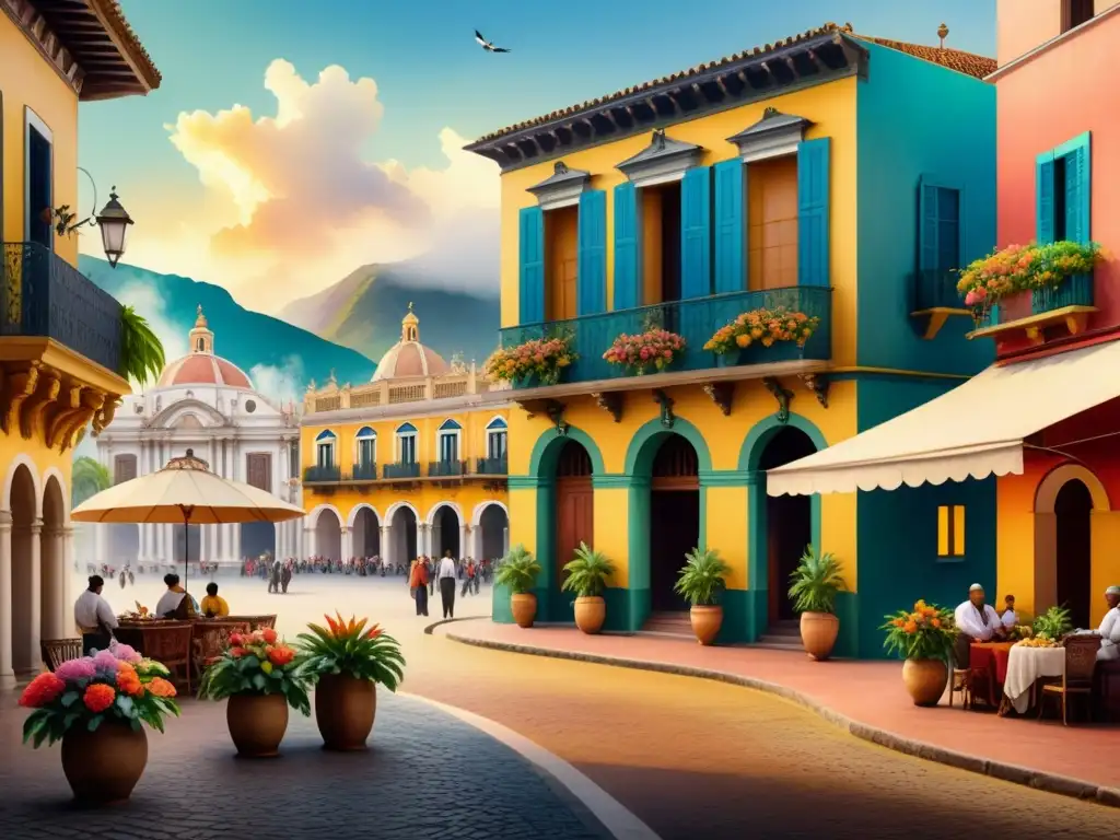 Pintura acuarela detallada de plaza colonial en Barroco Latinoamericano historia arte