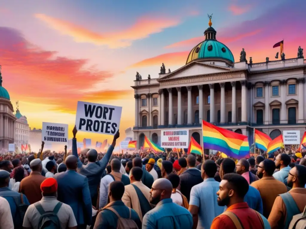 Pintura acuarela detallada de una plaza llena de manifestantes con pancartas coloridas, bajo un cielo vibrante al atardecer