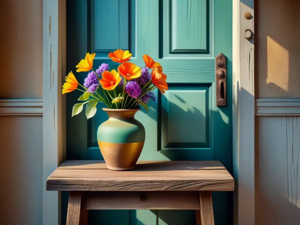 Una pintura acuarela detallada de una puerta de madera con pintura descascarada y un ramo de flores frescas en un jarrón de barro