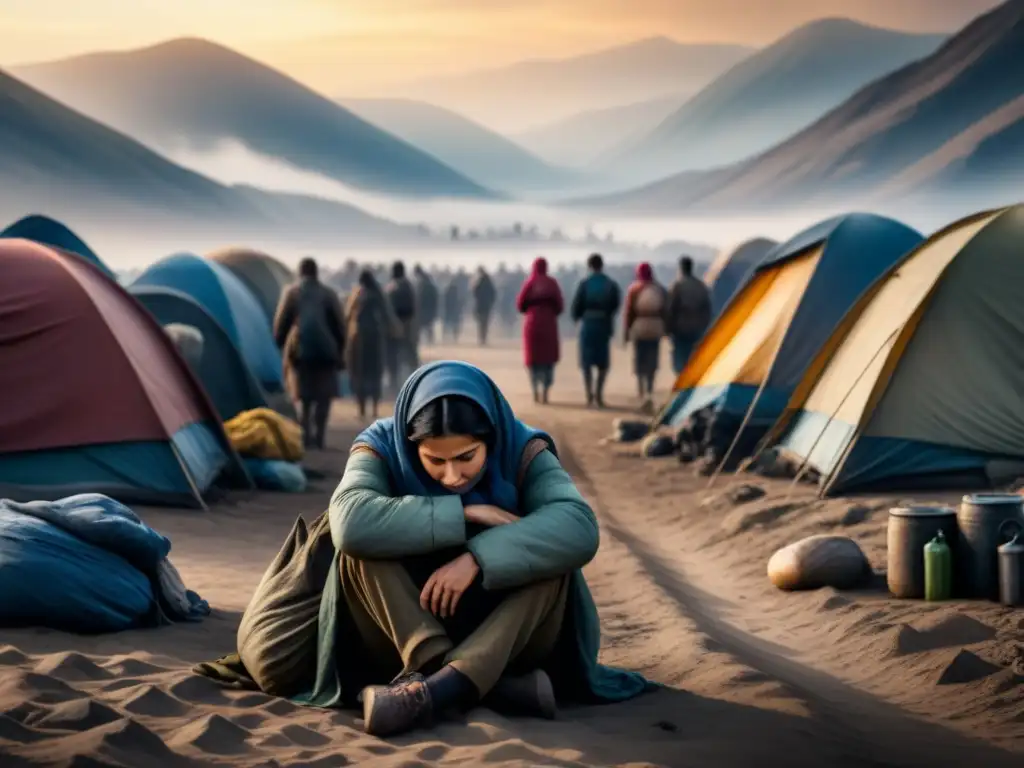 Pintura acuarela detallada de refugiados en campamento improvisado, transmitiendo desolación y esperanza