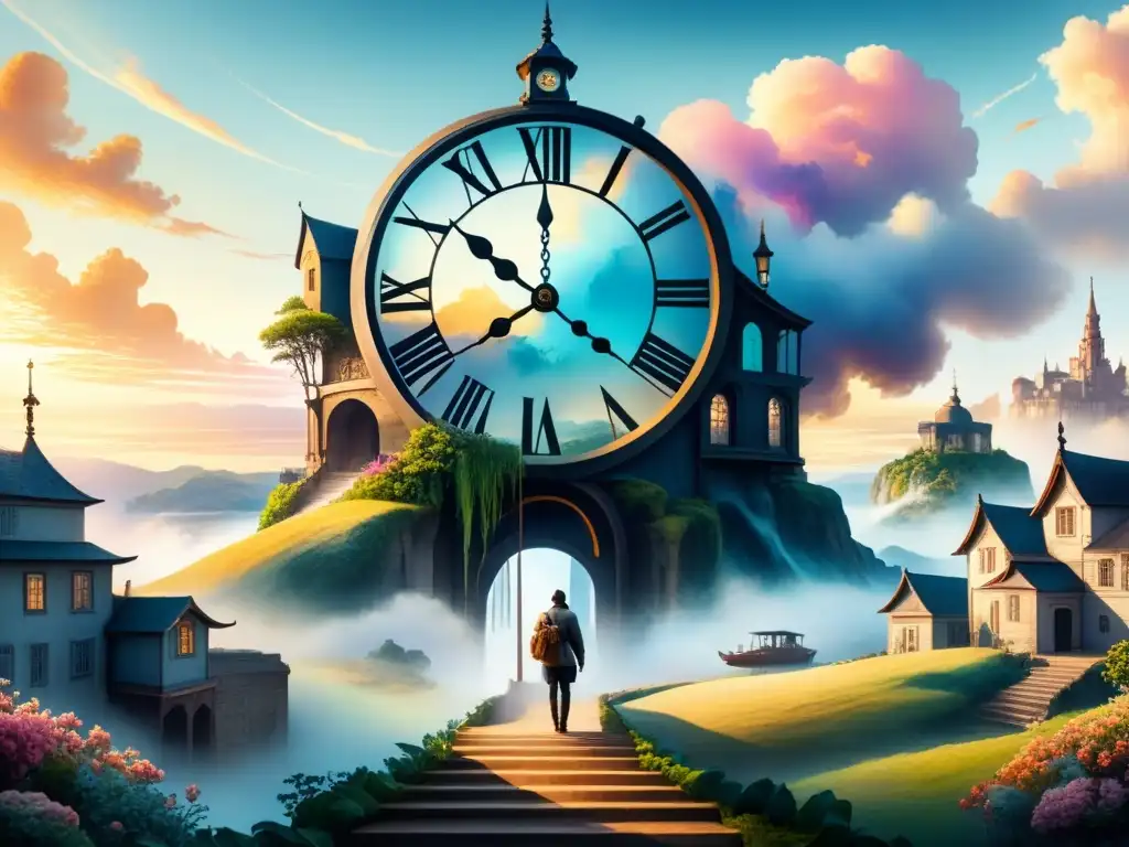 Pintura acuarela detallada con reloj derritiéndose sobre paisaje surrealista, ojos flotantes y escaleras desconectadas