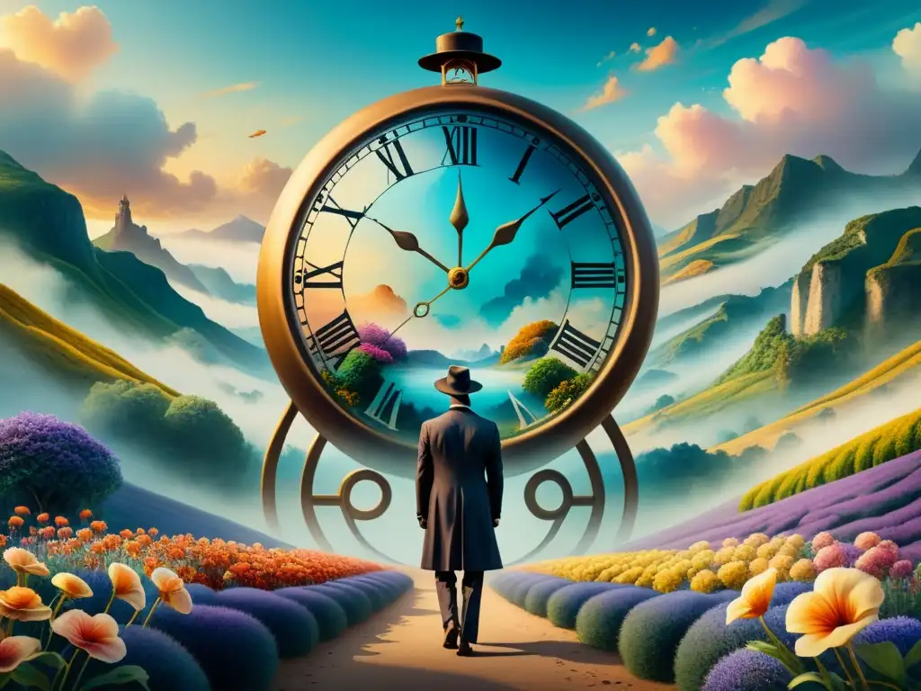 Una pintura acuarela detallada en 8k muestra un reloj derritiéndose en un paisaje surrealista de colores vibrantes y ojos flotantes gigantes