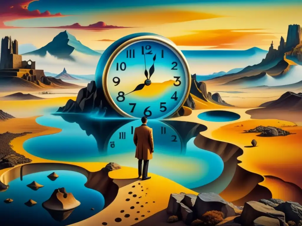 Pintura detallada de relojes derretidos de Dalí en un paisaje surrealista