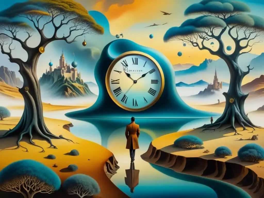 Pintura detallada de relojes derretidos de Dalí en un paisaje surrealista