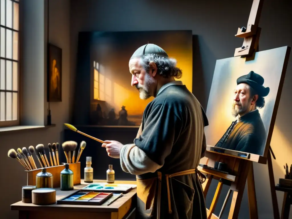 Pintura detallada de Rembrandt van Rijn en su estudio, rodeado de pinceles, pinturas y lienzos