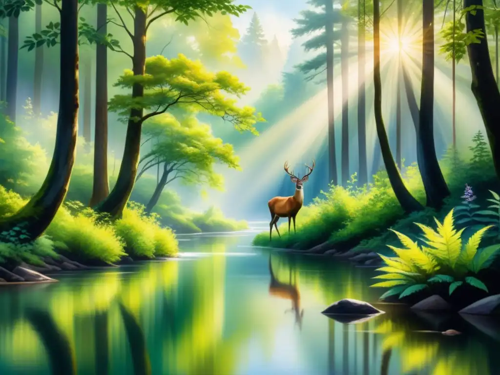 Una pintura acuarela detallada muestra un río sereno en un bosque exuberante con reflejos verdes vibrantes en el agua cristalina