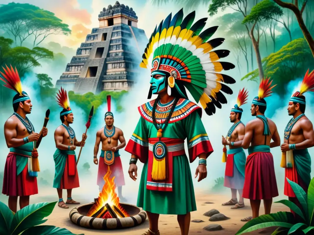 Pintura acuarela detallada de ritual maya con danza sagrada alrededor del fuego en la selva, destacando la importancia del arte en rituales