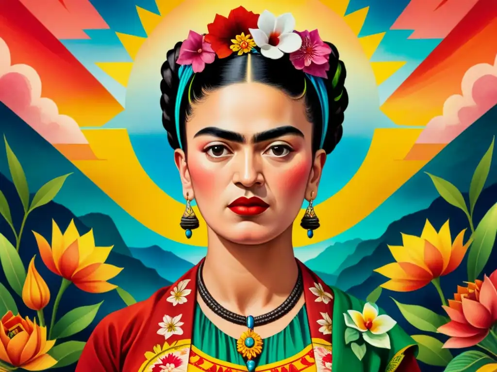 Una pintura detallada de Frida Kahlo rodeada de colores vibrantes y emotivos, evocando un profundo sentido de riqueza cultural y emocional