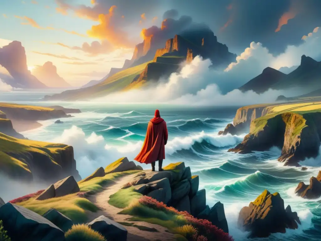 Pintura acuarela detallada en 8k del Romanticismo en arte visual: figura solitaria contemplando el mar bajo cielo tormentoso