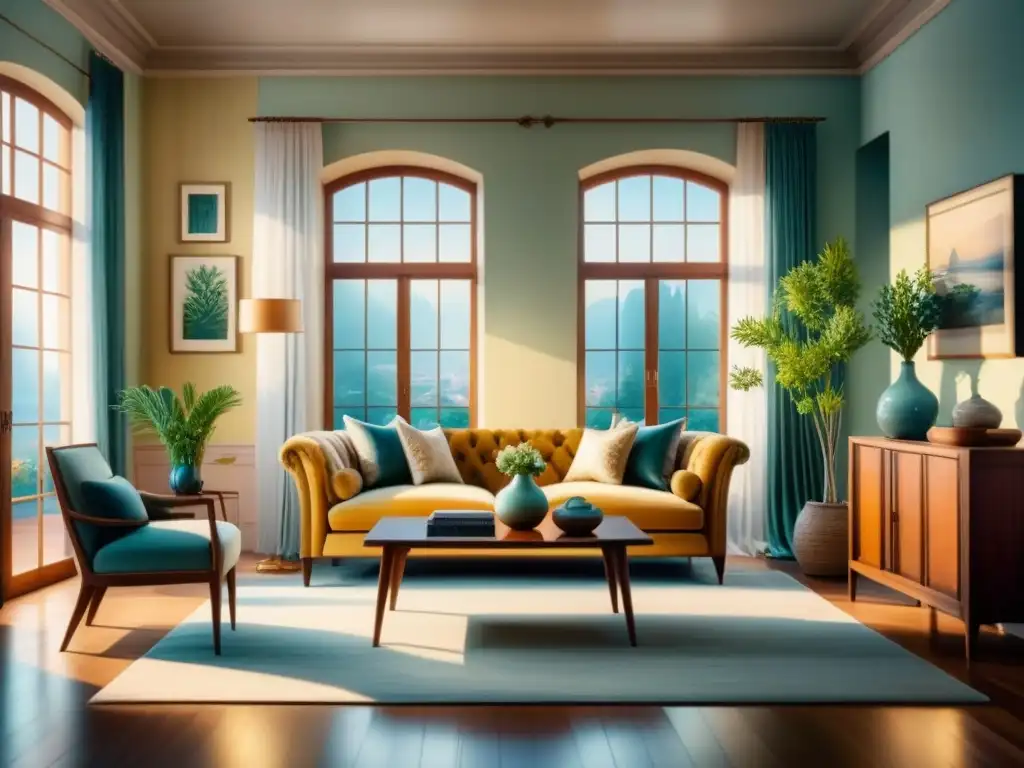 Pintura detallada de una sala serena con paredes pastel, patrones florales y luz solar
