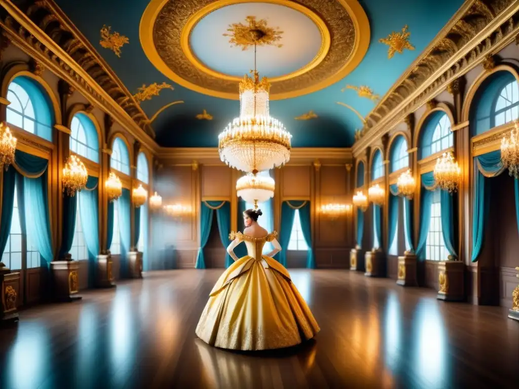 Pintura detallada de un salón de baile rococó en la corte francesa