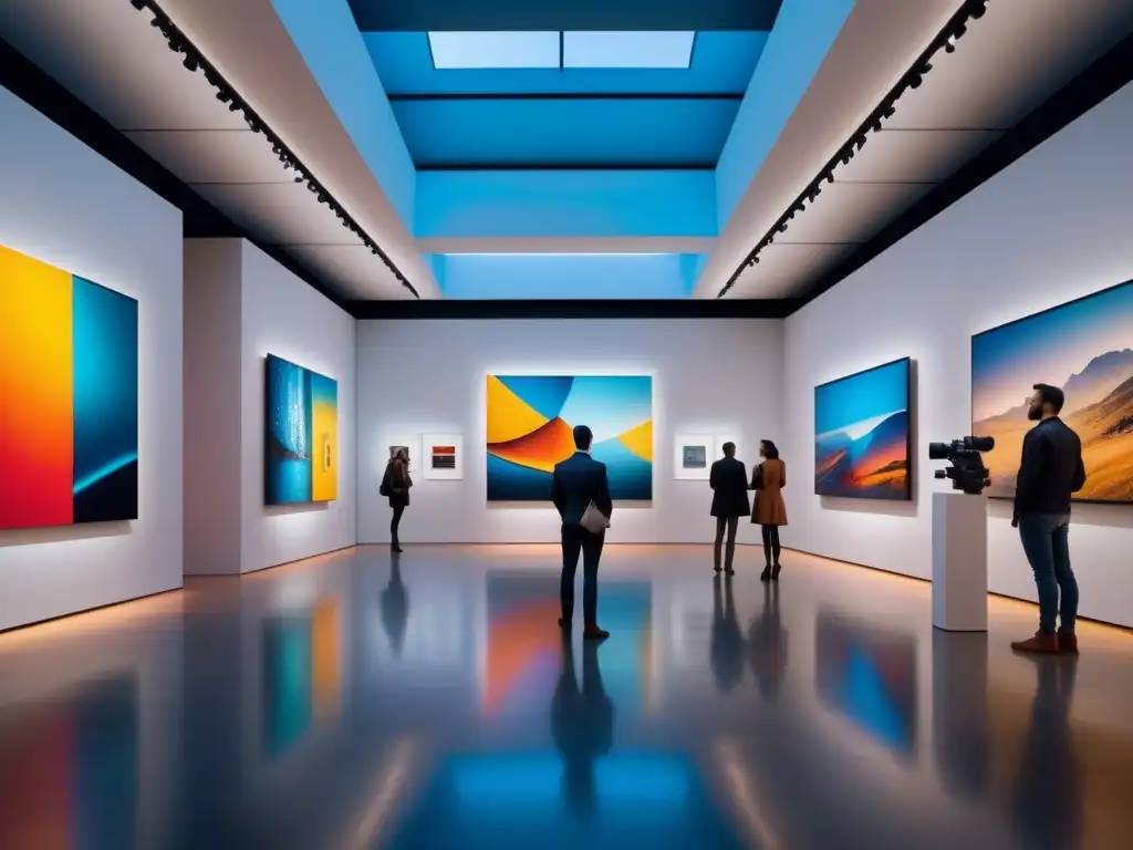 Una pintura detallada de un salón de exposiciones futurista en el MoMA, mostrando obras vanguardistas con colores vibrantes y diseños innovadores